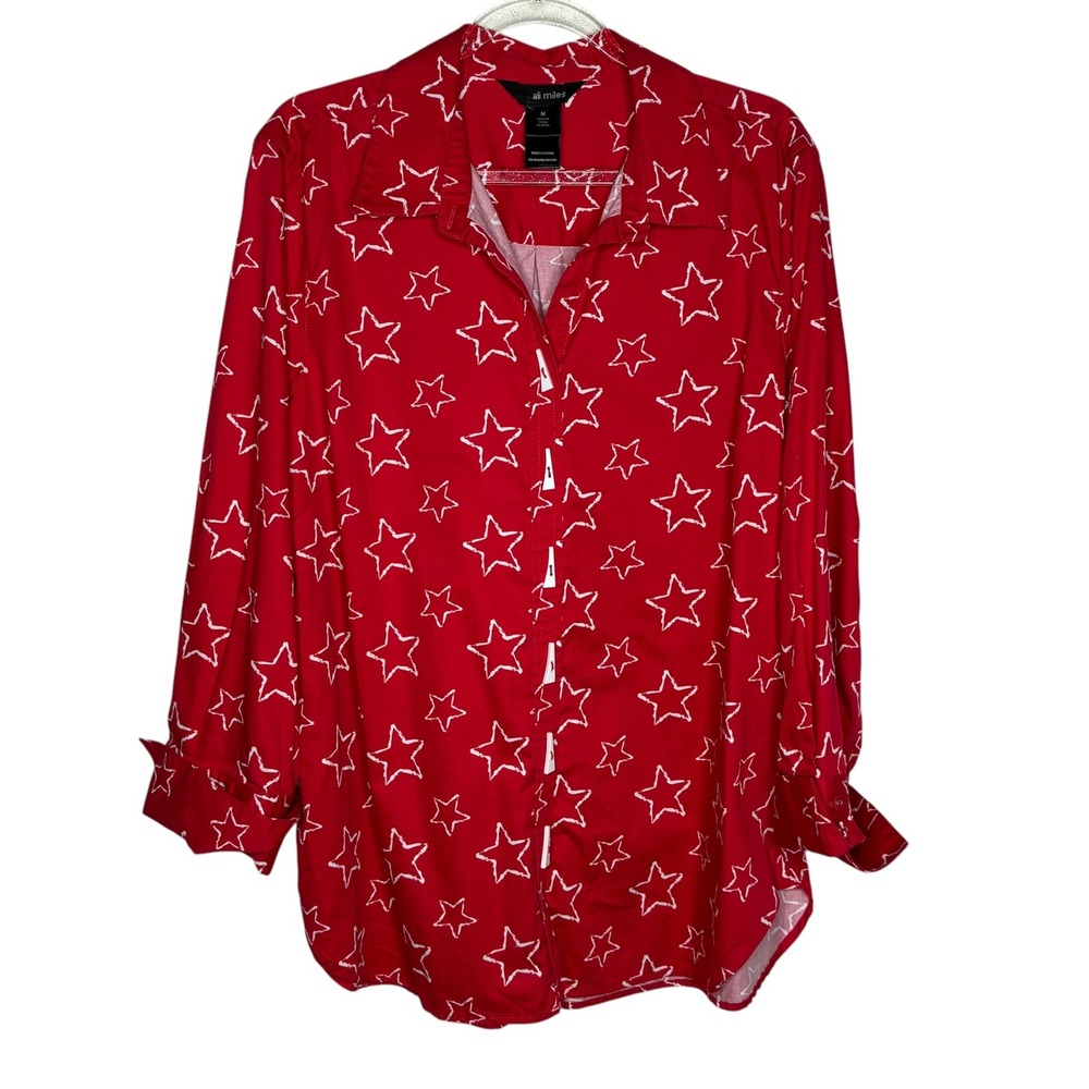 Ali Miles Women Medium Button Down Red White Star Print Long Sleeve Blouse